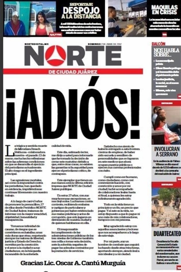 Así publicó el Norte de Ciudad Juárez su edición de este domingo.