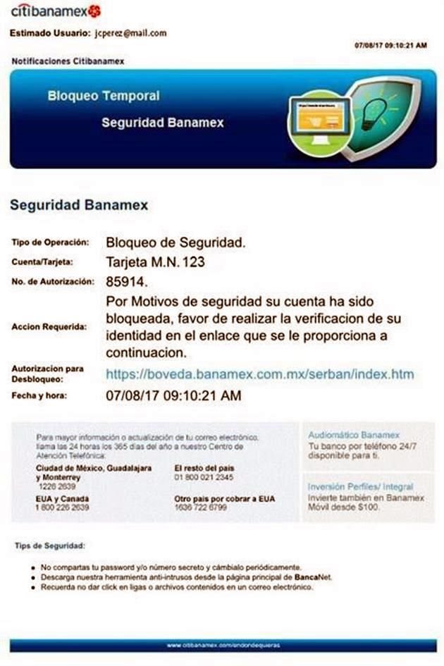 A través de un correo electrónico se notifica al usuario que por motivos de seguridad su cuenta fue bloqueada, lo cual no es cierto. 