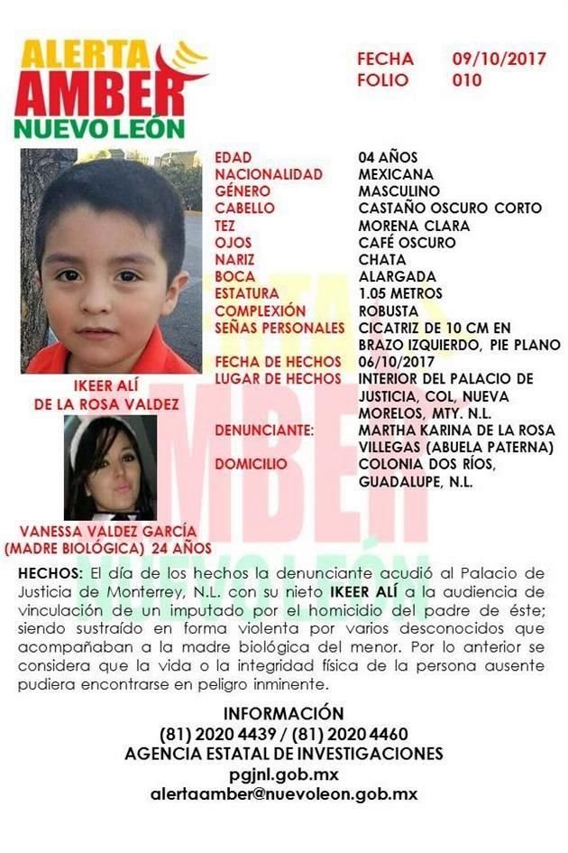 La Procuraduría de Justicia lanza alerta amber del niño de 4 años privado de libertad afuera del Palacio de Justicia.