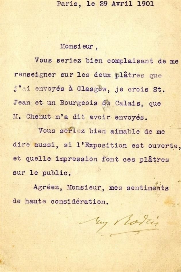 En una de las misivas, Rodin pregunta a Newbery sobre la recepción de dos de sus obras.