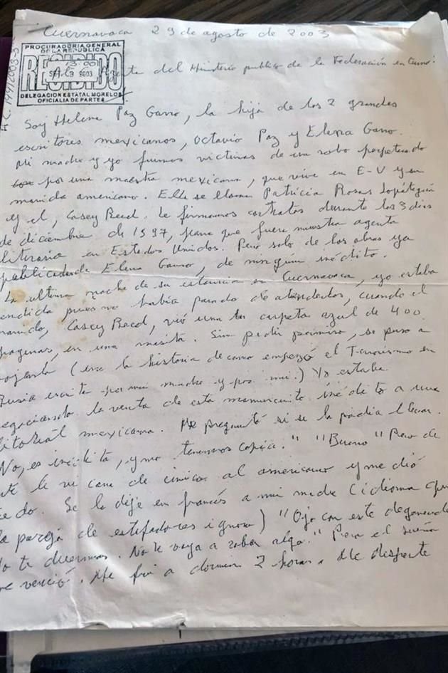 Este texto escrito por Helena Paz Garro y entregado a la PGR en el 2003 forma parte del acervo.