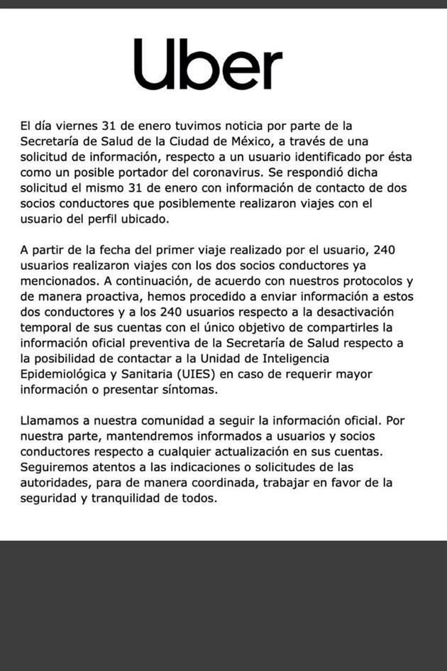 Usuarios de Uber México reportaron que su acceso a la plataforma había sido suspendida por supuesto contagio de coronavirus en un cliente.