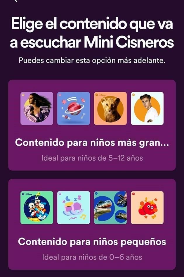 En Spotify Kids se podrá dar de alta uno de los dos perfiles disponibles: uno para niños y niñas de 0 a 5 años y el otro para 5 a 12.