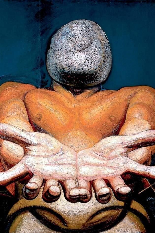 Foto de Siqueiros, base para la creación de 'Nuestra Imagen actual'. Un hombre con las manos en escorzo abiertas, esperando, exigiendo con cabeza de piedra, incapaz a la reflexión.