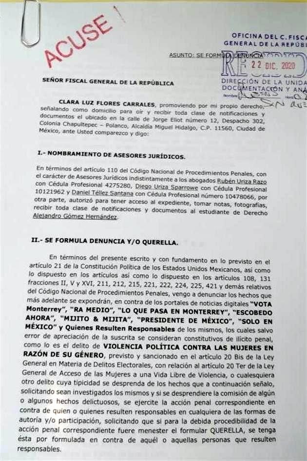La aspirante morenista a la Gubernatura, Clara Luz Flores, solicita en su denuncia que se investigue a los sitios que promovieron el video, así como el origen del mismo.