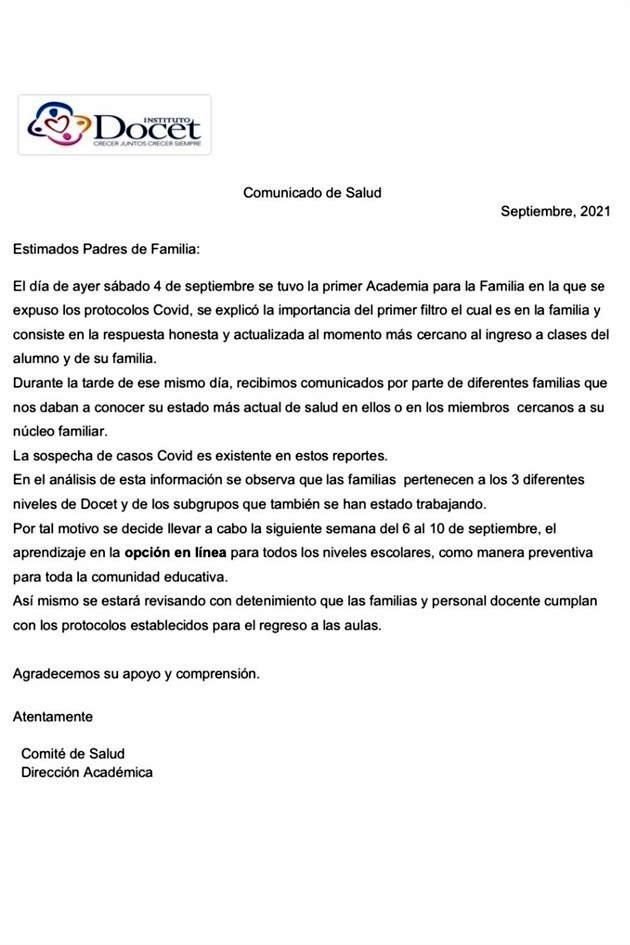 El Instituto Docet informó que encontraron sospechas de contagios en familias de alumnos, por lo que esta semana impartirán las clases en línea.