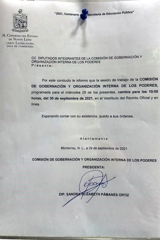 La sesión de la Comisión de Gobernación se aplazó para el jueves.