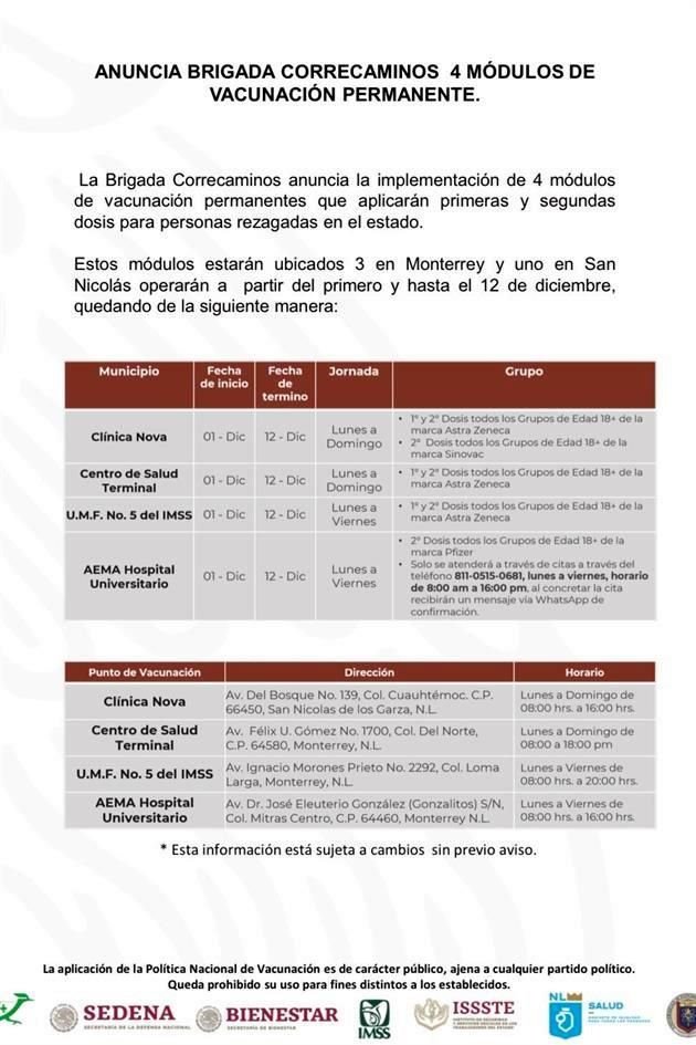 En un comunicado, la Secretaría de Bienestar informó que la jornada será del 1 al 12 de diciembre en los municipios de Monterrey y San Nicolás.