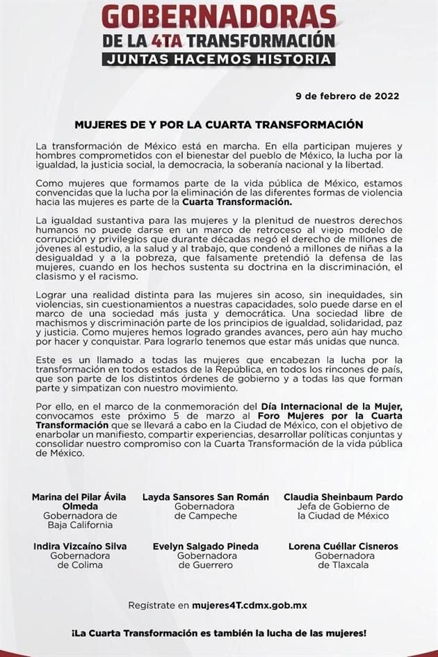 'Este es un llamado a todas las mujeres que encabezan la lucha por la transformación en todos estados de la República, en todos los rincones de País', expresaron gobernadoras de la 4T.