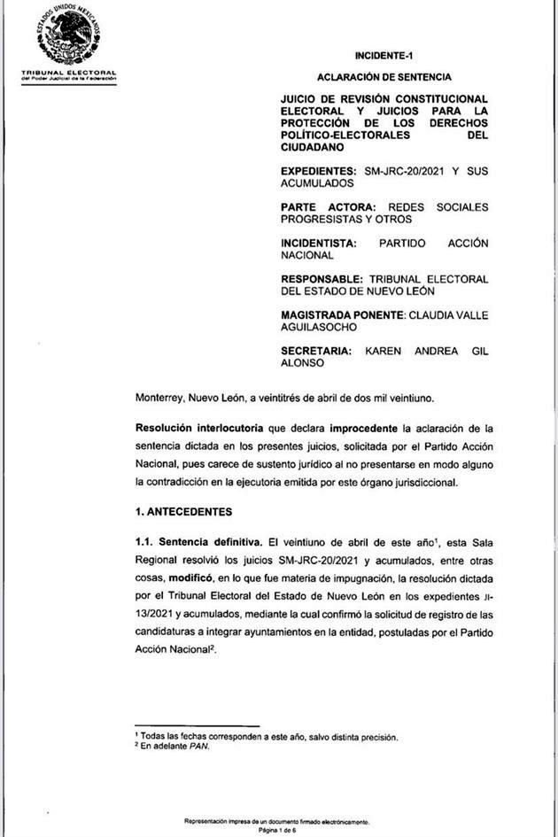 El órgano electoral declaró improcedente el recurso de aclaración de la sentencia presentado por el PAN.