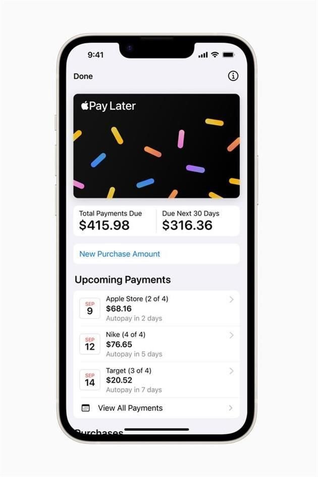 Las personas podrán solicitar préstamos de Apple Pay Later de entre 50 y mil dólares y usarlos para compras en la aplicación y en línea realizadas a través de comerciantes que aceptan Apple Pay.