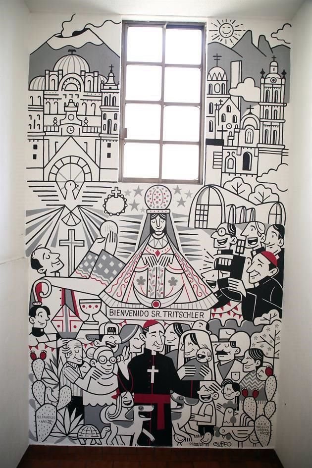 Gustavo Caballero (GUFFO), ilustra mural en honor a Guillermo Tritschler, Arzobispo de Monterrey en 1941.
