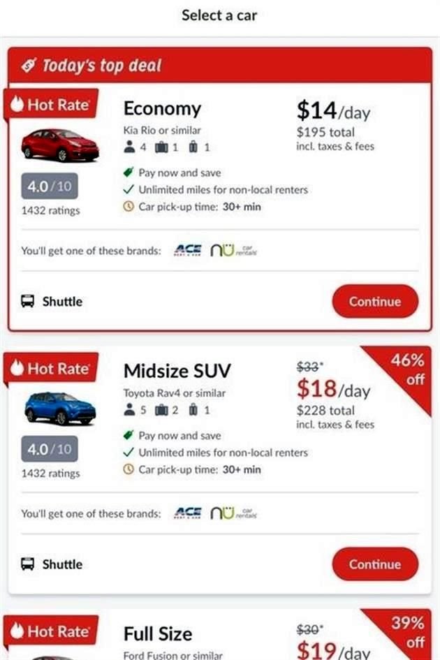 Hotwire ofrece descuentos en las tarifas de hoteles y en la renta de autos, pero no se muestran hasta dar click en comprar.