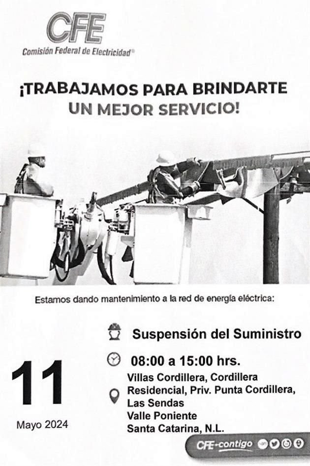 El corte de energía eléctrica será de las 8:00 hasta las 15:00 horas en Santa Catarina.