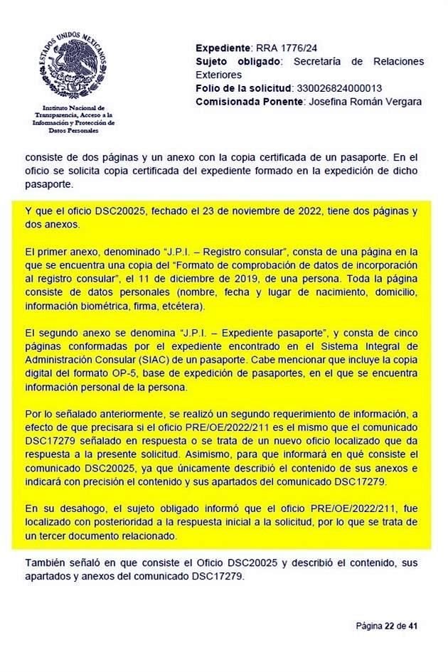 El INAI detalla el contenido del oficio DSC2025 de la Secretaría de Relaciones Exteriores refiriendo el registro consular y la expedición de pasaporte.