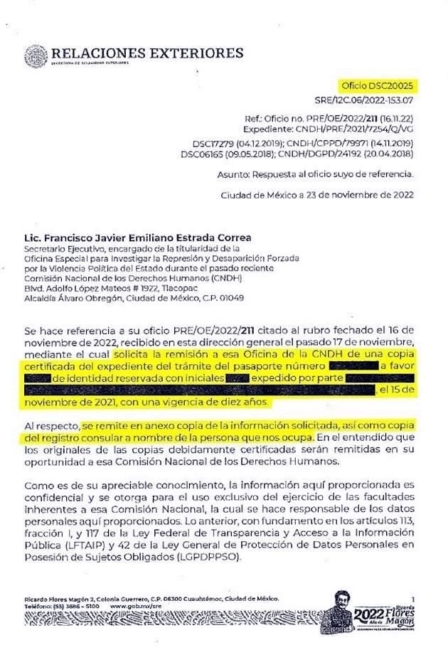 Oficio DSC2025 de Secretaría de Relaciones Exteriores, con información testada, cuyo contenido revela el INAI (ver imagen anterior), y da constancia de que dicha información obra en poder de la CNDH.