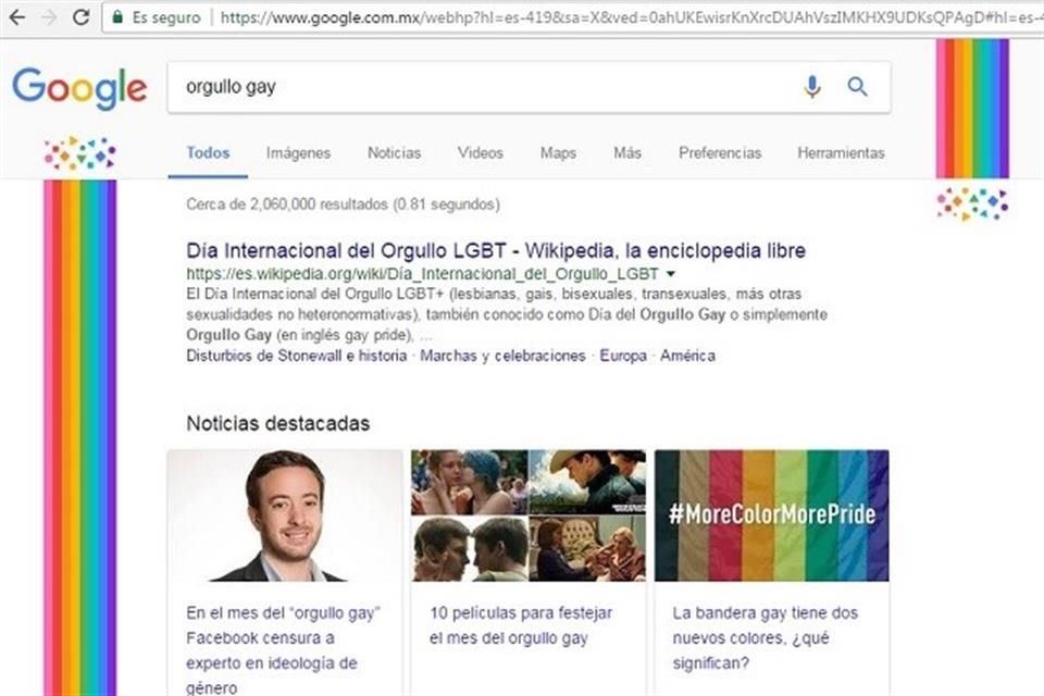 El buscador muestra desde el 11 de mayo y hasta el 27 de junio una bandera arcoiris al momento de buscar términos como 'orgullo gay' o 'derechos LGBT',