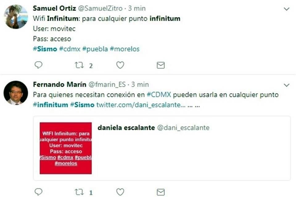 Con claves de Infinitum, usuarios de Twitter invitaron a víctimas del sismo que no tenían red telefónica a conectarse a los servicios públicos de Telmex.