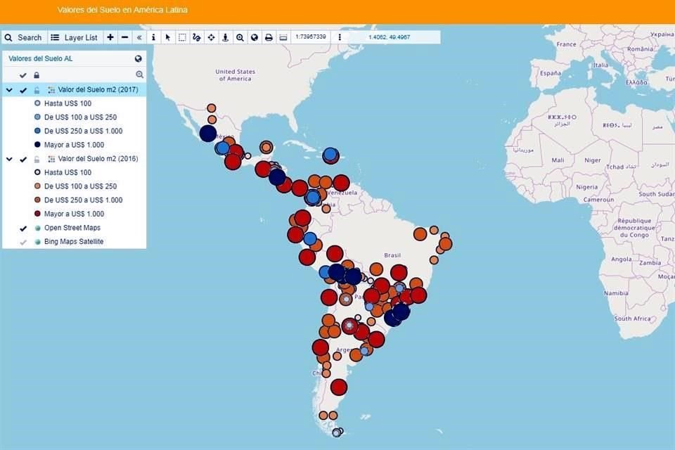 El mapa muestra cuál es el valor del suelo en América Latina.