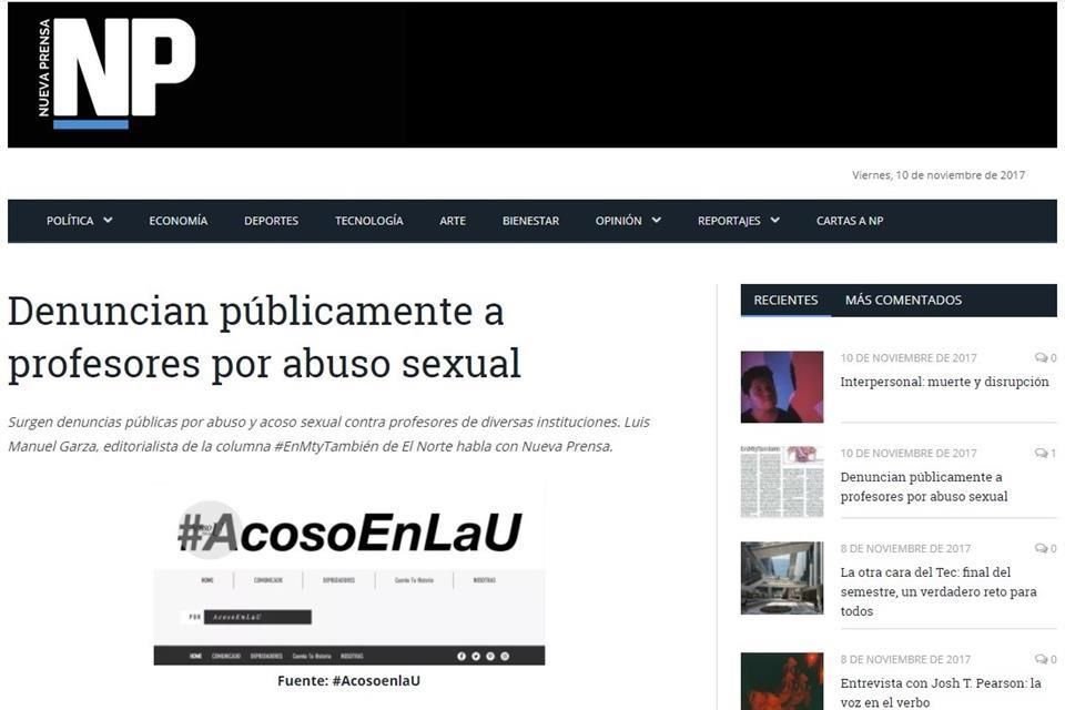 En el periódico estudiantil del Tec, Nueva Prensa, denunciaron a profesores por abuso sexual.