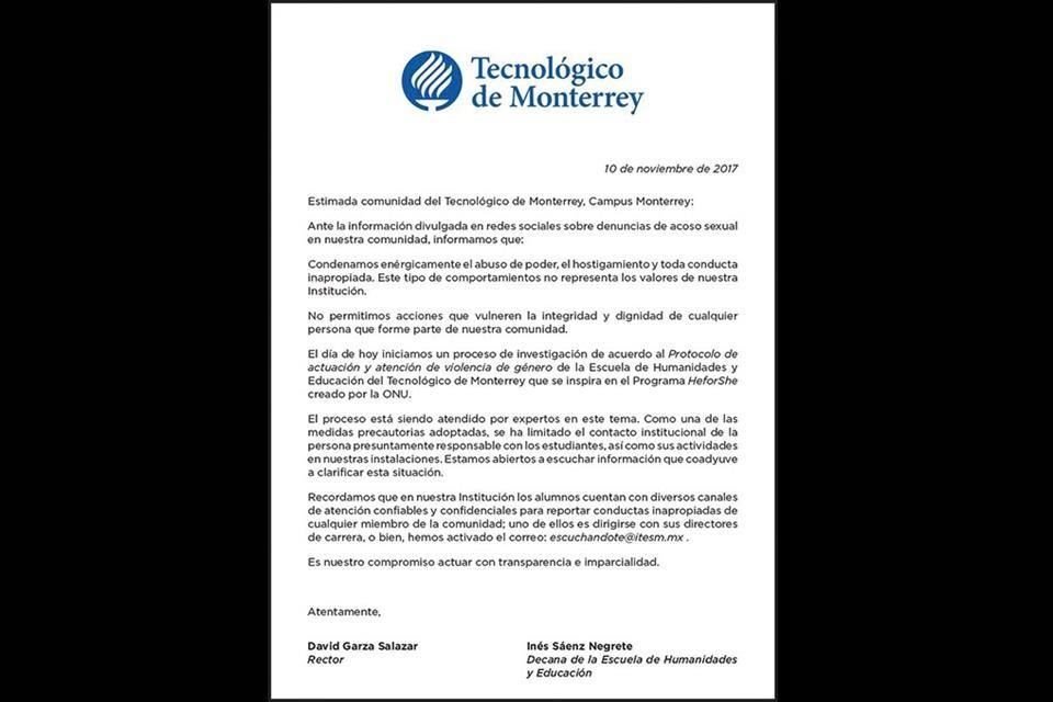 El Tec de Monterrey anunció en un comunicado que inició una investigación por las denuncias de acoso de maestros a alumnas dentro de la institución.