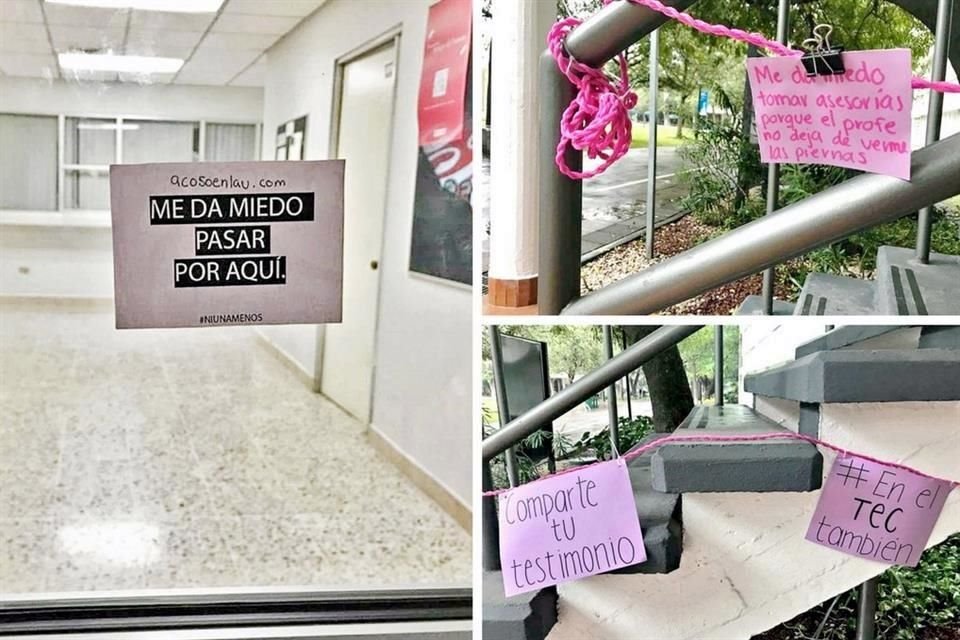 Pancartas con denuncias por situaciones de acoso fueron colgadas ayer en el Tec, en el rea de Humanidades.