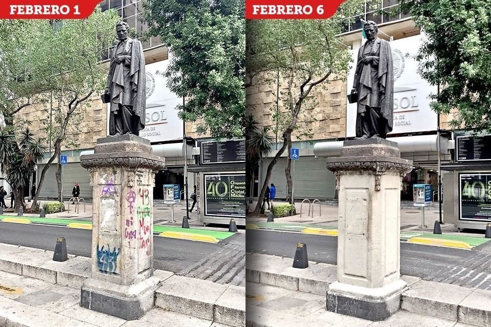Este martes, la Delegación Cuauhtémoc cubrió con pintura los grafitis que tenía desde hace más de un año el pedestal de la escultura del educador Manuel López Cotilla, frente al edificio de Sedesol.