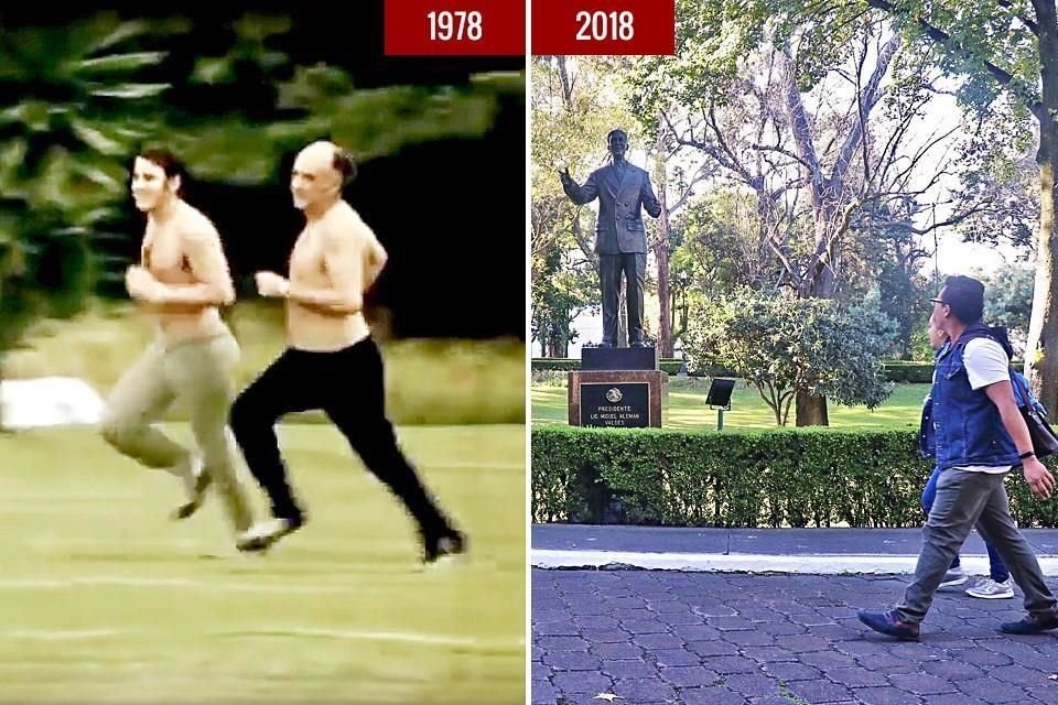 1978. José López Portillo y su hijo trotando en la casa presidencial.  2018.  Ciudadanos recorren a pie la ex residencia oficial.