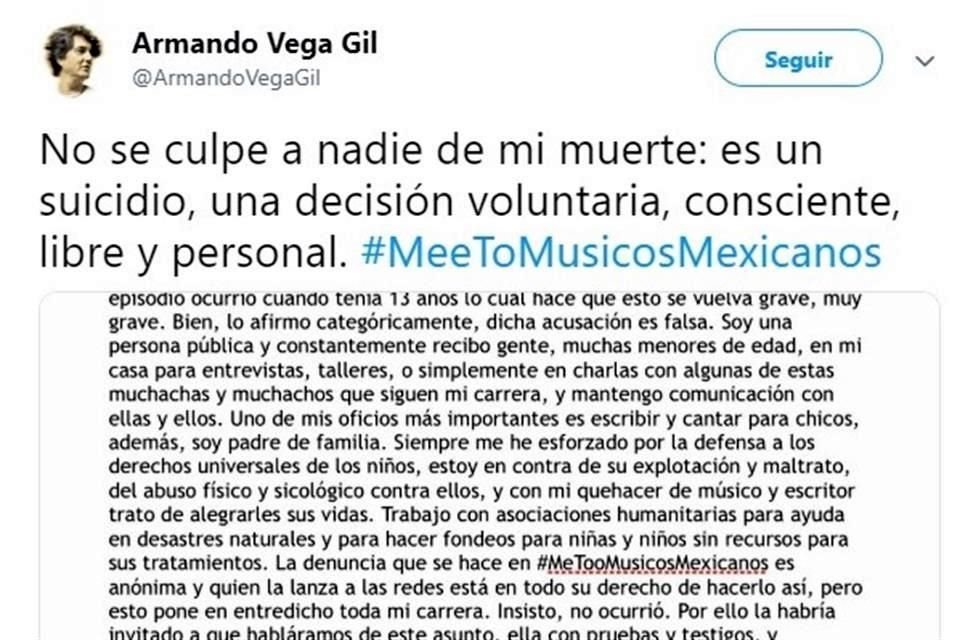 Vega Gil publicó un tuit en el que adelantaba que se quitaría la vida.