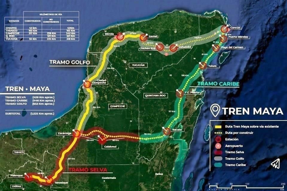 El Tren Maya  pasará por Tabasco, Campeche, Yucatán, Quintana Roo y Chiapas.