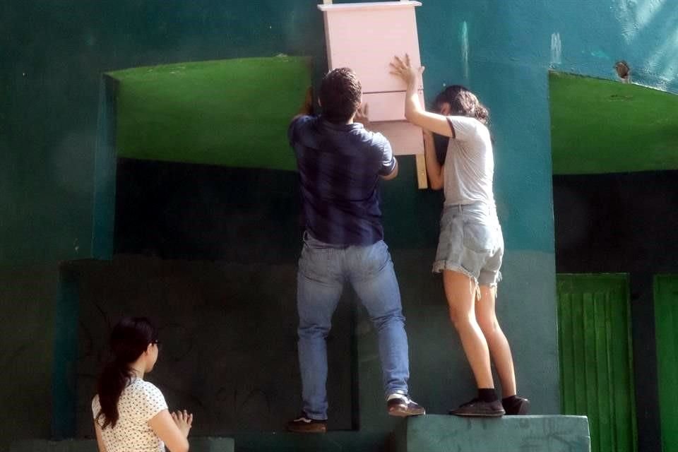 Miembros de asociaciones instalan una casita para murciélagos en el Parque Río La Silla.