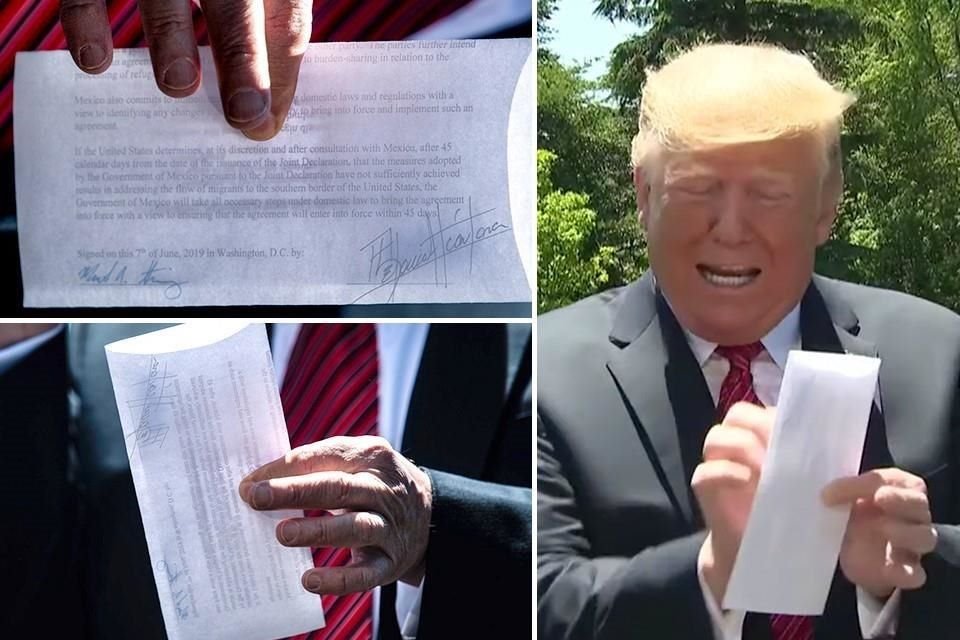 Trump mostró una hoja que, dijo, contenía 'acuerdo secreto' con México, pero una foto del WP evidenció que lo enseñado es el pacto conocido.