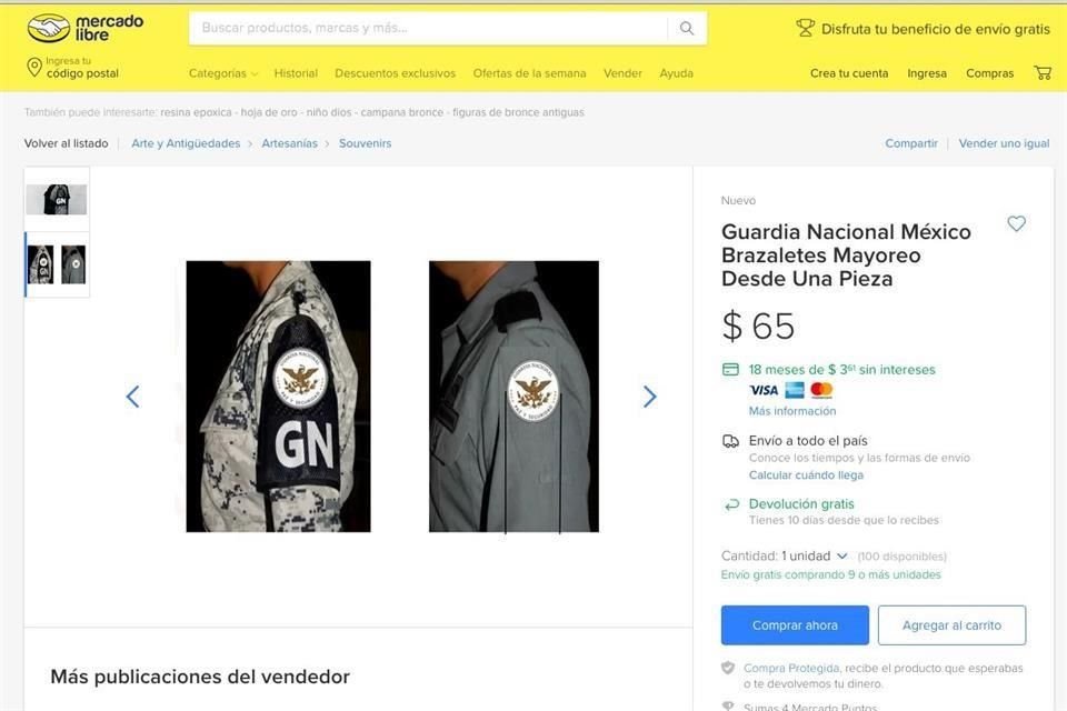 A través de Mercado Libre, un vendedor ofrece por 65 pesos las bandas que portan los elementos la GN. También oferta parches, insignias y medallas de soldados y marinos.