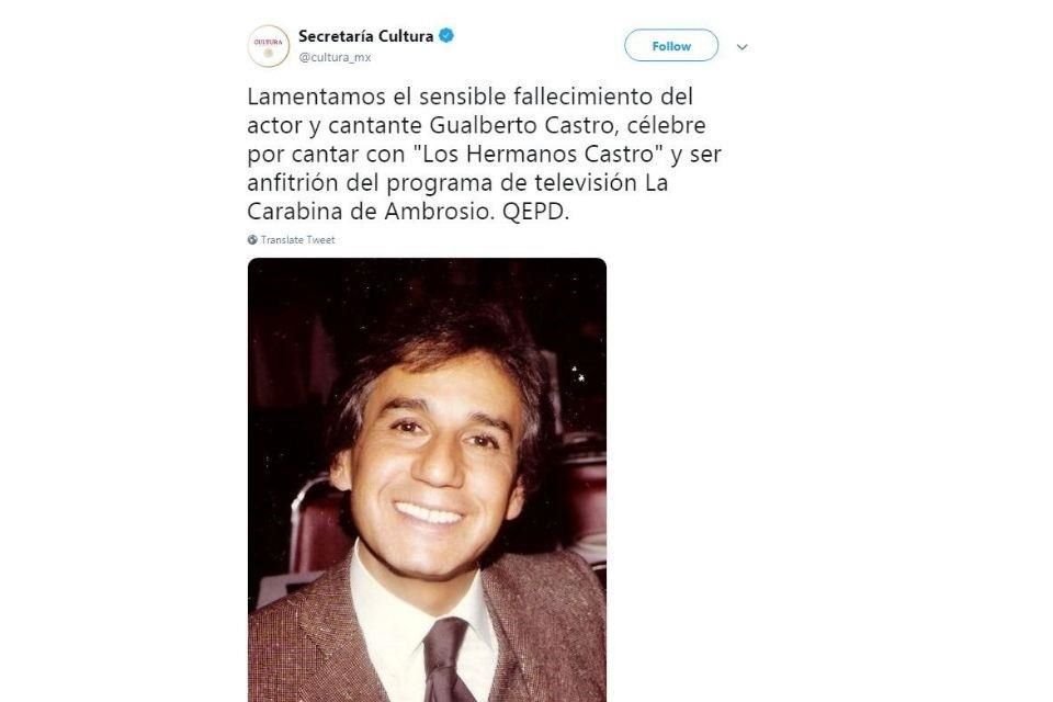 Lamentamos el sensible fallecimiento del actor y cantante Gualberto Castro, célebre por cantar con 'Los Hermanos Castro' y ser anfitrión del programa de televisión La Carabina de Ambrosio. QEPD.