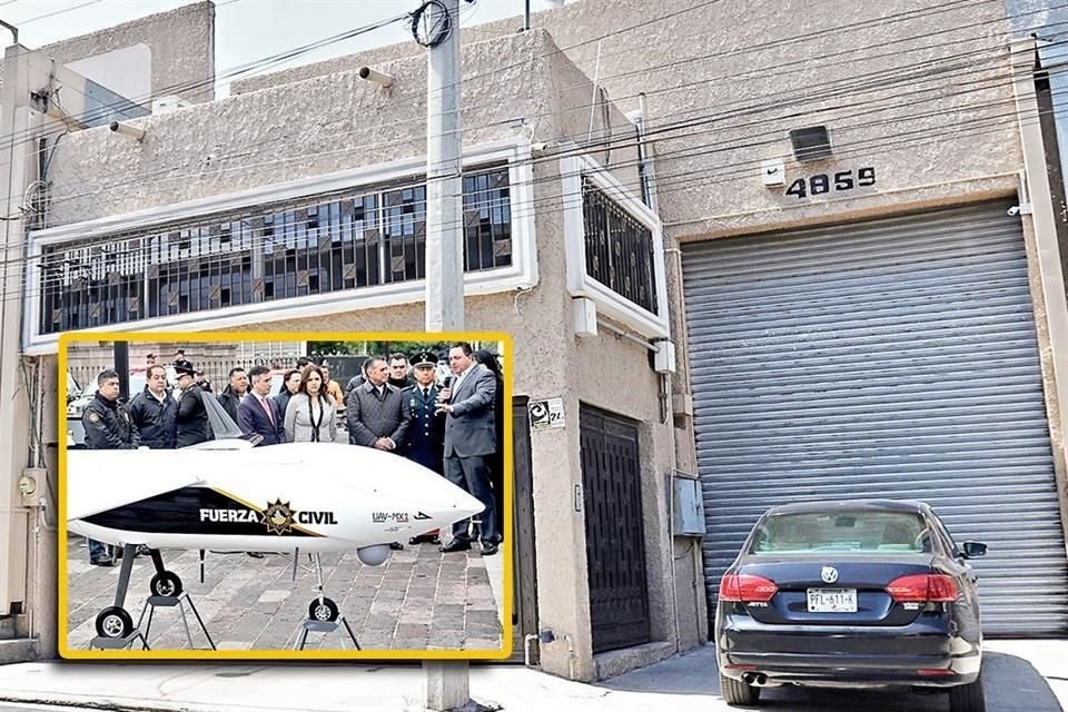 El dron, mostrado el 19 de marzo (recuadro), está hoy en una bodega al poniente de Monterrey.