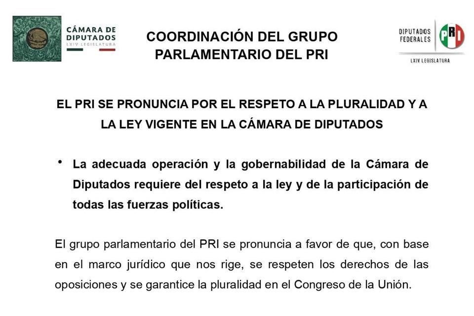 En el comunicado, los diputados del PRI exigen se respete la normatividad de la ley vigente para elegir Mesa Directiva.