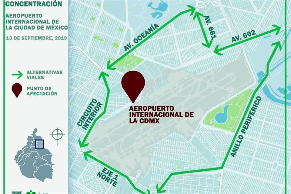 Por bloqueo en Circuito, autoridad sugiere Av. Oceanía o Eje 1 Norte para llegar a AICM, y la L5 de Metro; estación T1 de MB está cerrada.