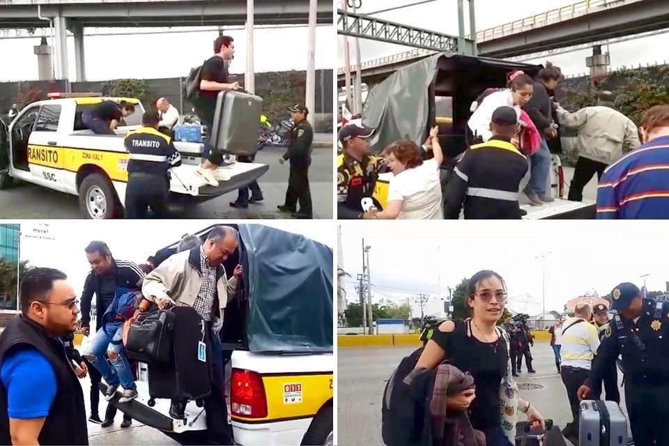 Ante el bloqueo de policías rebeldes, la Policía capitalina usa las patrullas para acercar a pasajeros a la Terminal 1 del AICM.