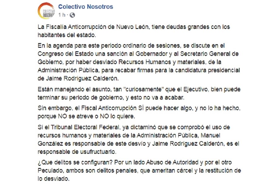 El Colectivo Nosotros publicó su postura en redes sociales.