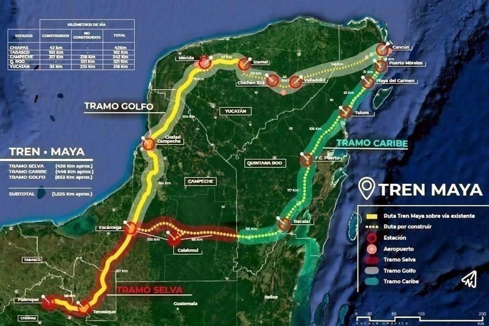 El Tren Maya entrará en operación en 2024 y recorrerá mil 460 kilómetros .