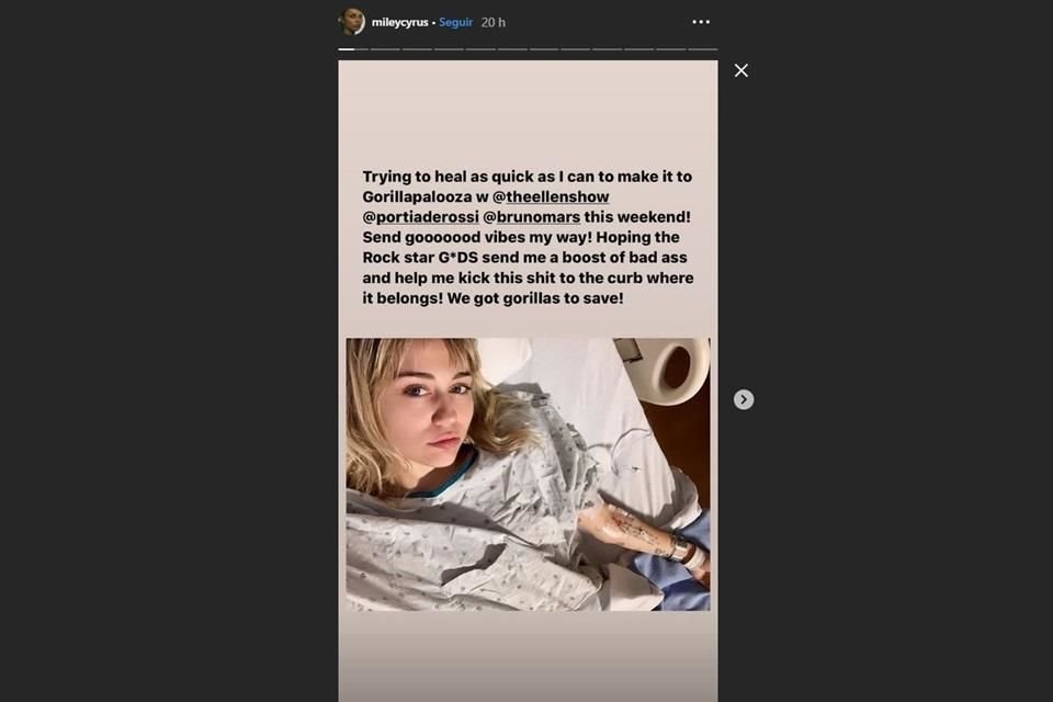 La famosa dijo que espera recuperarse para antes de este fin de semana porque participará en el evento Gorillapalooza.