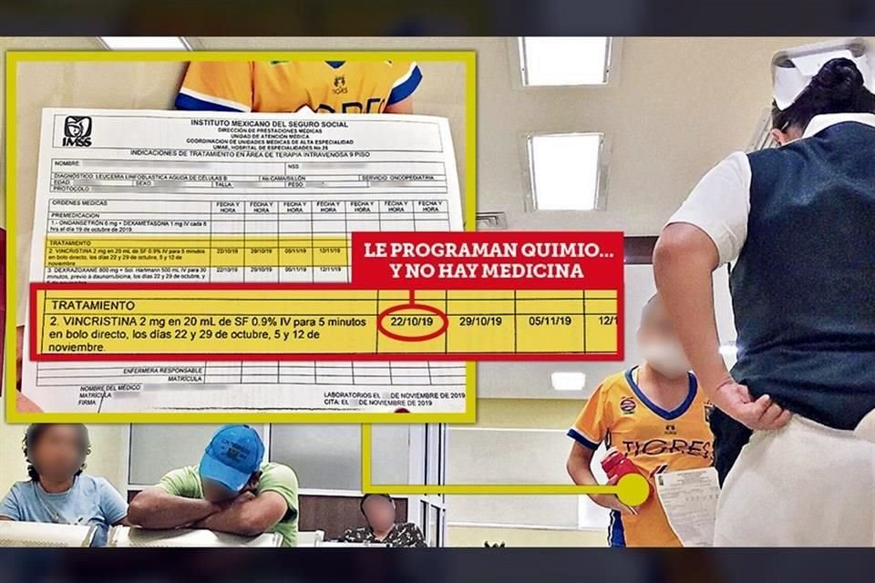 Una enfermera de la Clínica 25 le dice a María Guadalupe (de camiseta de Tigres) y a su madre (sentada) que no hay vincristina, por lo que no le aplicarán hoy su quimioterapia, como estaba programada.