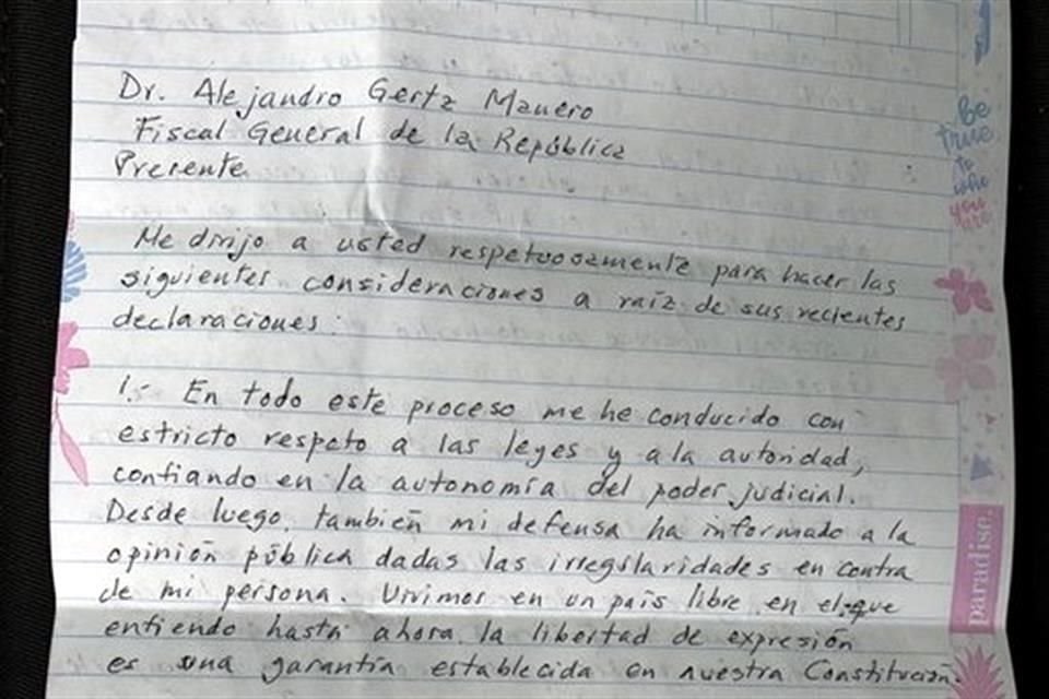 La carta fue difundida en la cuenta de Twitter de Rosario Robles.