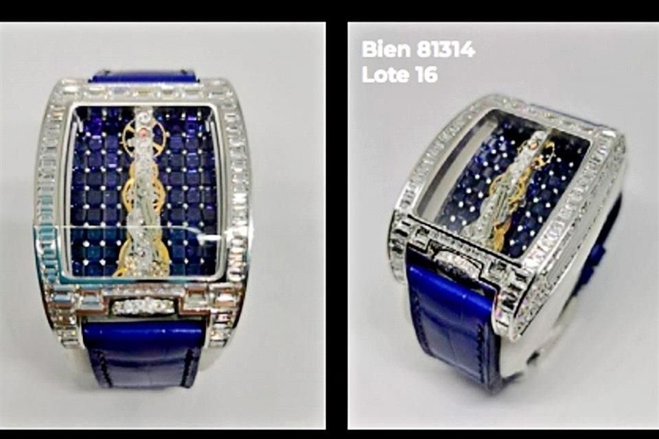 Se pondrá a remate un reloj marca Corum en oro blanco de 18 kilates, con 60 zafiros cuadrados, color azul oscuro, con un precio de salida de 343 mil 949 pesos.