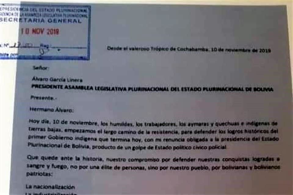 El Parlamento de Bolivia recibió la carta de renuncia de Evo Morales a la Presidencia. Este es el texto.