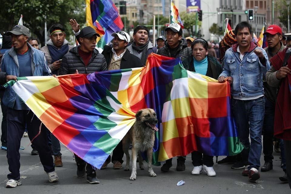 Un perro se cuela entre la wiphala que sostienen manifestantes.