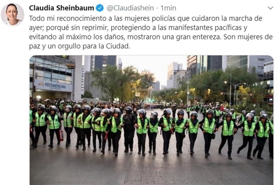 La Jefa de Gobierno, Claudia Sheinbaum, destacó en su Twitter la labor de las agentes capitalinas durante las movilizaciones.