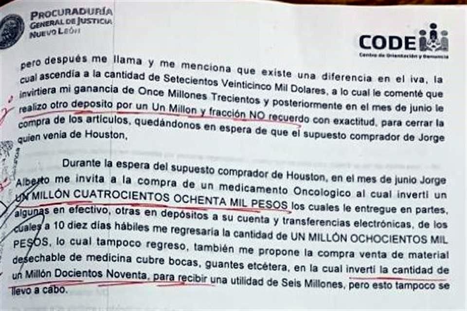 La denunciante señala como defraudadores a Jorge Alberto C. G. y Elizabeth A.K., a quienes reclama 27 millones 788 mil pesos.