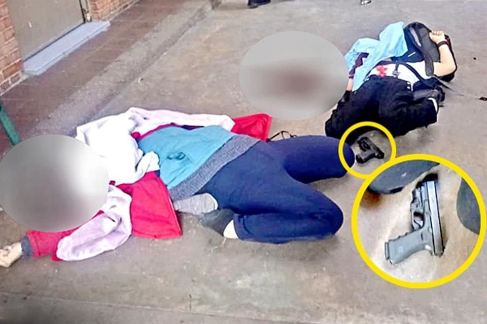 Los cuerpos de José Ángel (der.), de 11 años, quien desató el ataque a balazos para luego de suicidarse, y la maestra María Assaf Medina quedaron en un pasillo del Colegio Cervantes. 