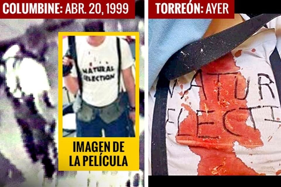 Eric Harris (izq.) captado por una cámara de Columbine y recreado para un filme. El niño de Torreón (der.) vestía como Harris y traía la misma leyenda 'Natural Selection'.
